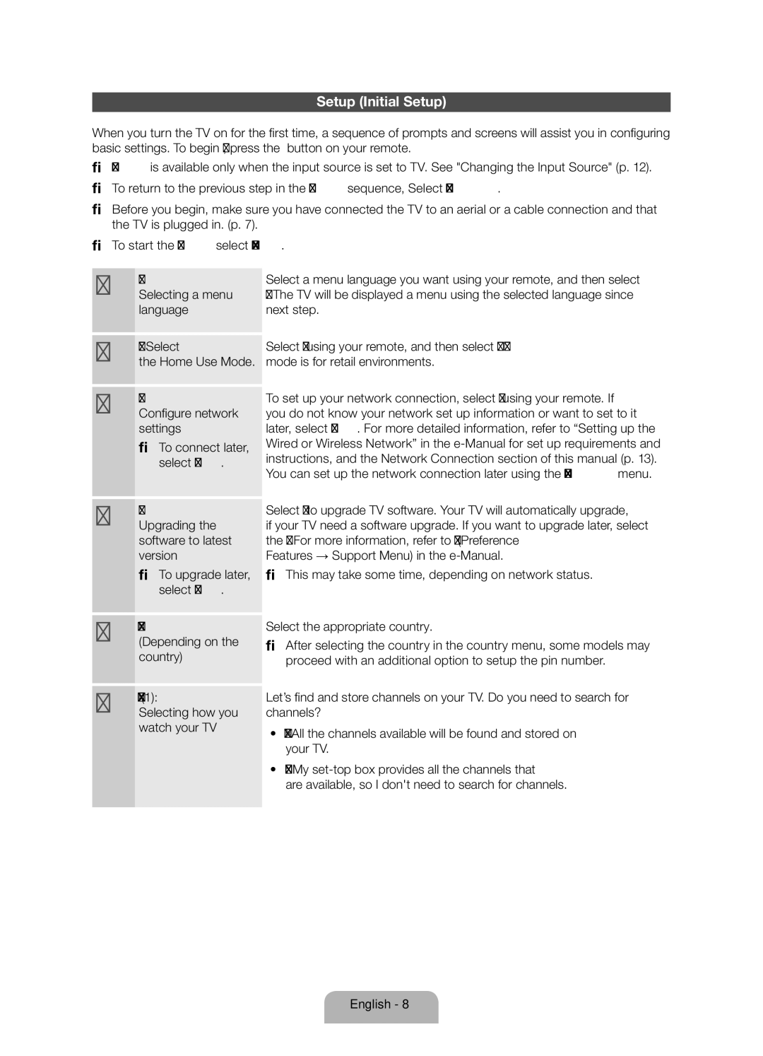 Samsung UE46ES5700SXZF, UE32ES5700SXZF, UE40ES5700SXZF manual Setup Initial Setup 