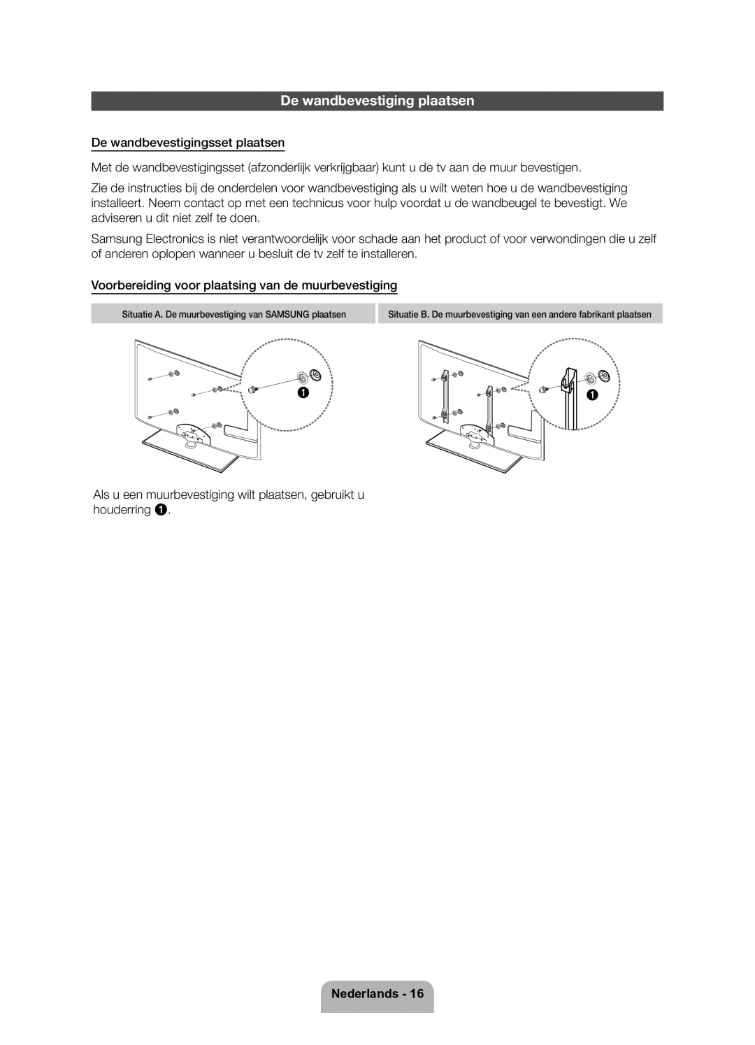 Samsung UE40ES5700SXZF, UE32ES5700SXZF, UE46ES5700SXZF manual De wandbevestiging plaatsen 