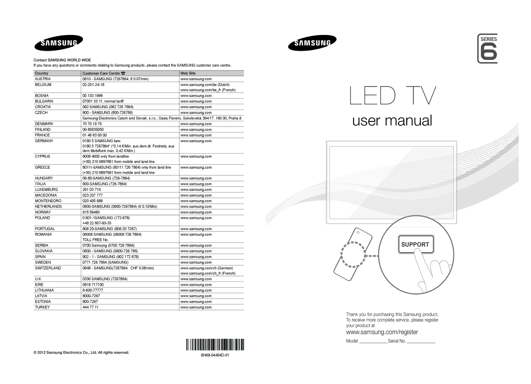 Samsung UE32ES6200SXZG manual 0180 5 7267864* *0,14 €/Min. aus dem dt. Festnetz, aus, BN68-04494D-01 