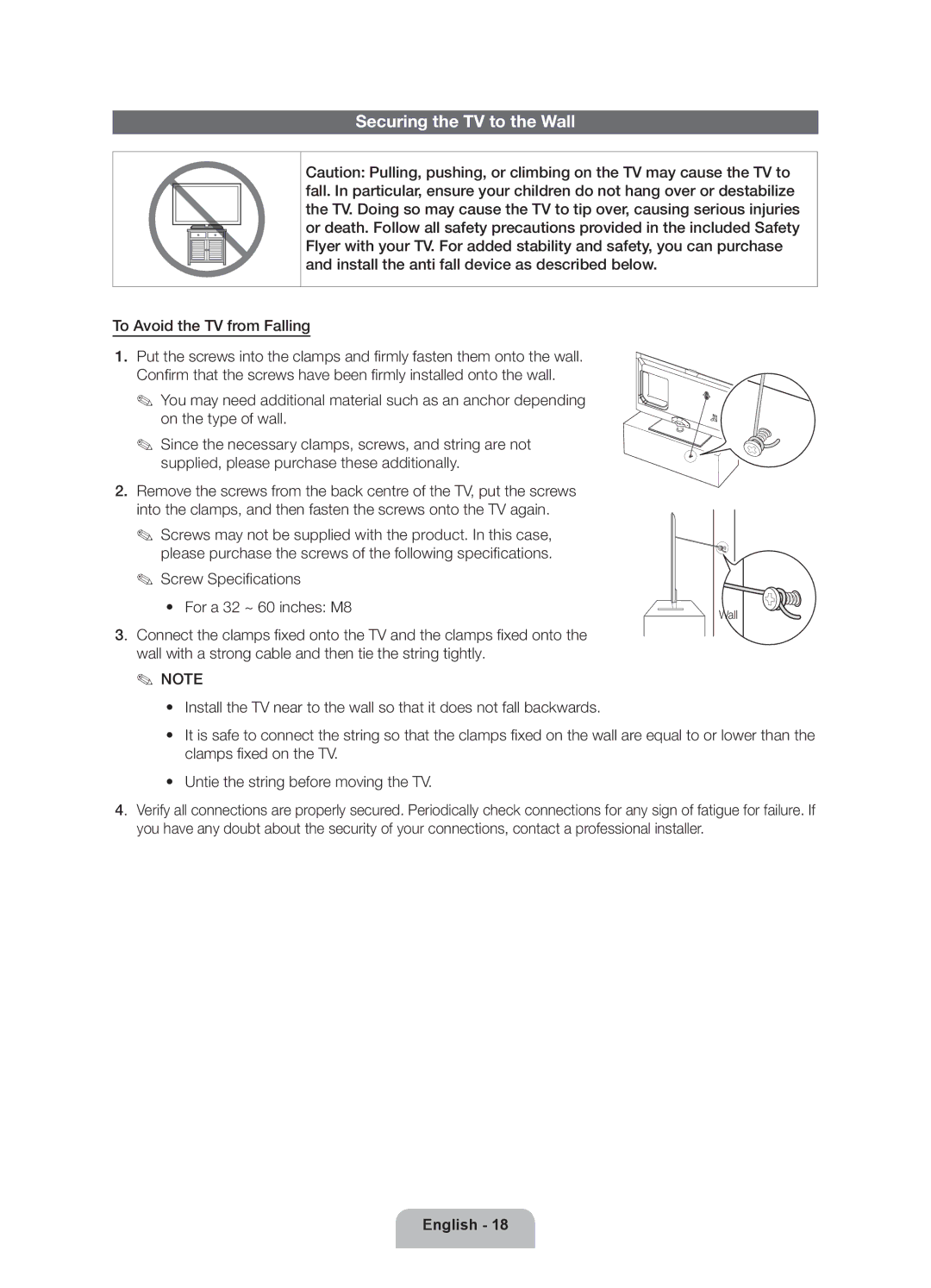 Samsung UE32ES6200SXZG manual Securing the TV to the Wall, Screw Specifications For a 32 ~ 60 inches M8 