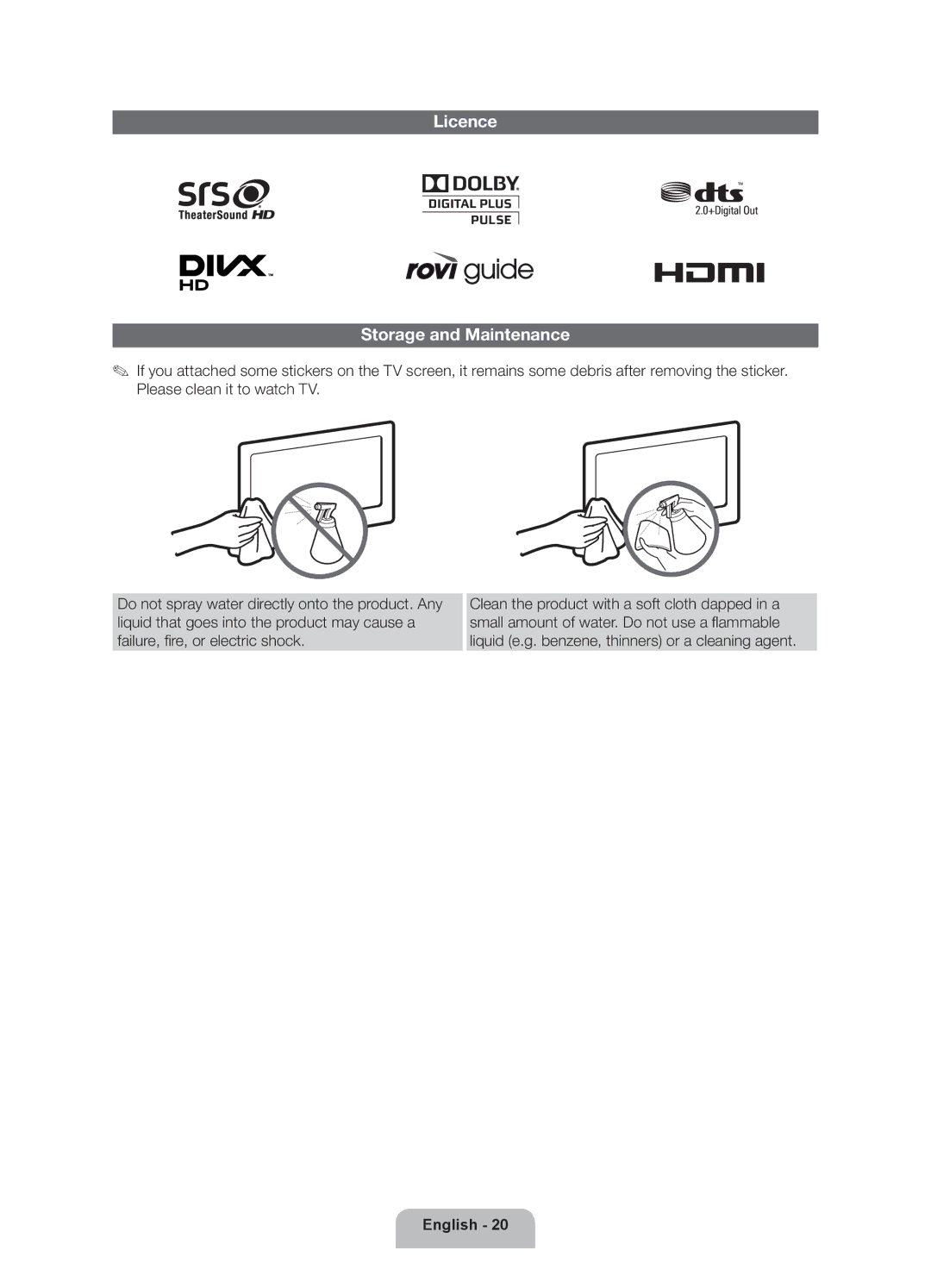 Samsung UE32ES6200SXZG manual Licence Storage and Maintenance 