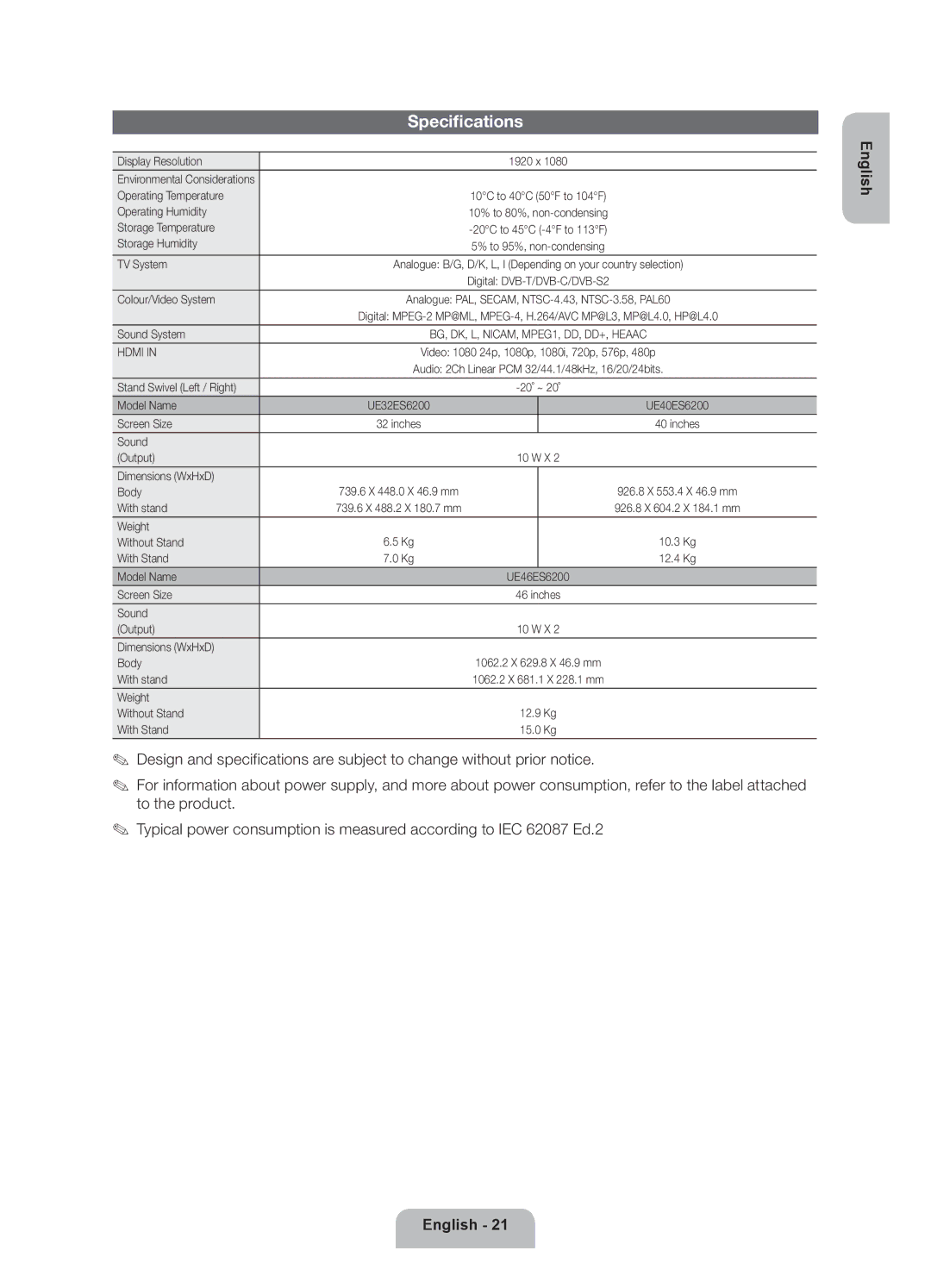 Samsung UE32ES6200SXZG manual Specifications 