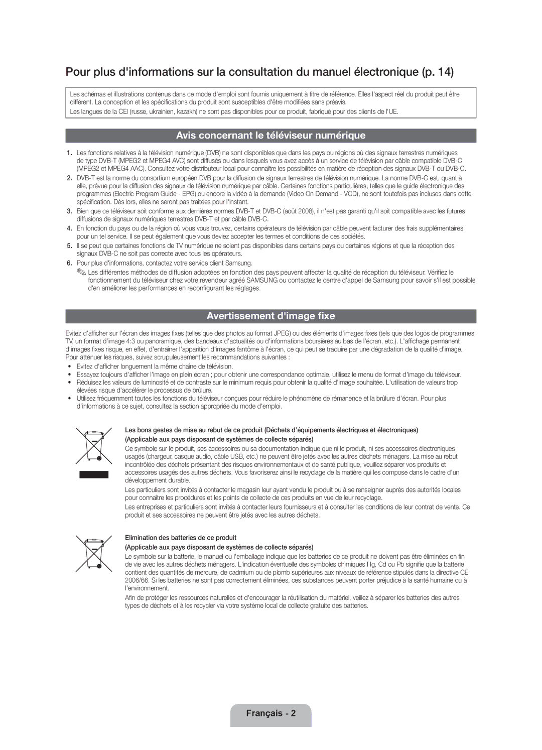 Samsung UE32ES6200SXZG manual Avis concernant le téléviseur numérique, Avertissement dimage fixe, Chaîne de télévision 