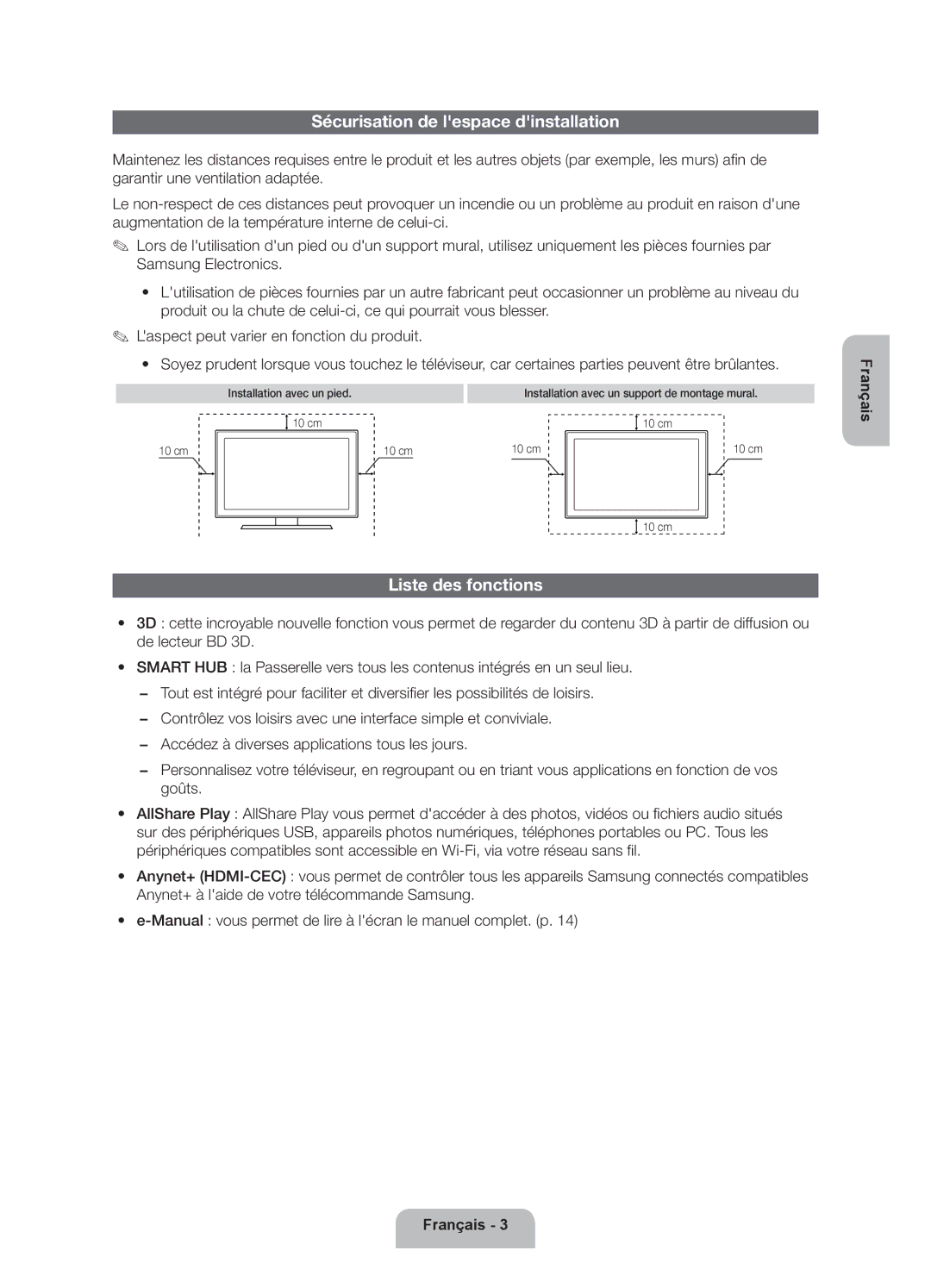 Samsung UE32ES6200SXZG manual Sécurisation de lespace dinstallation, Liste des fonctions, Installation avec un pied 10 cm 