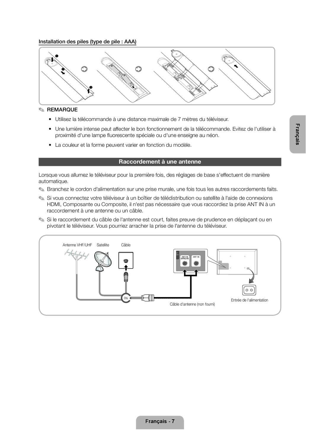 Samsung UE32ES6200SXZG Raccordement à une antenne, Installation des piles type de pile AAA, Antenne VHF/UHF Satellite 