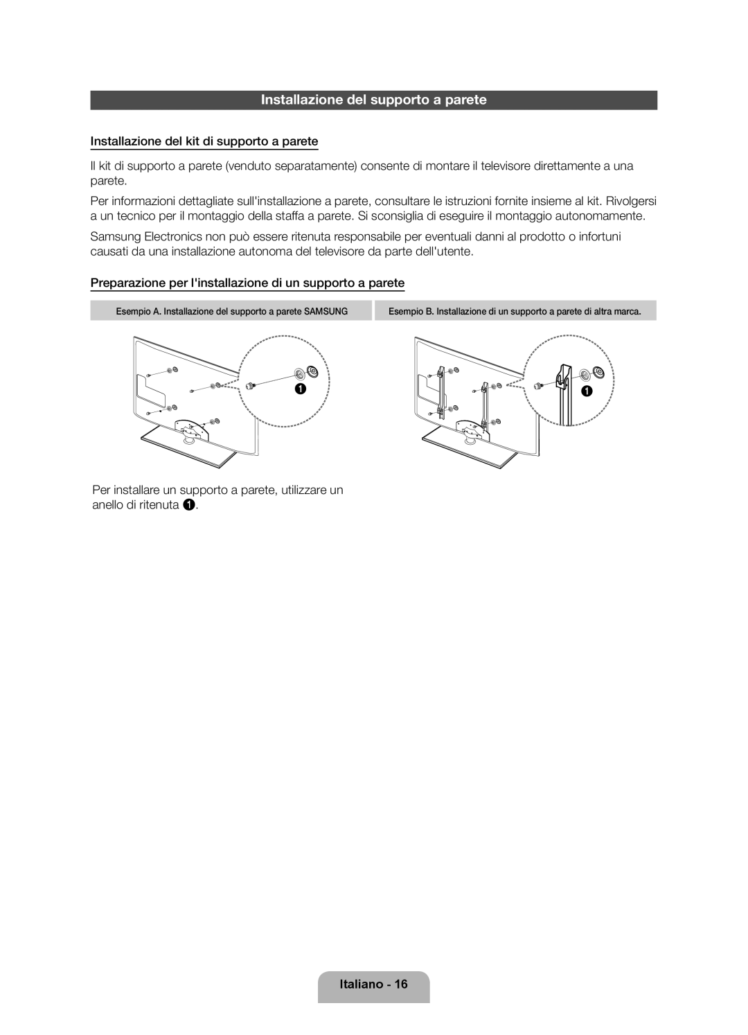 Samsung UE32ES6200SXZG manual Installazione del supporto a parete 