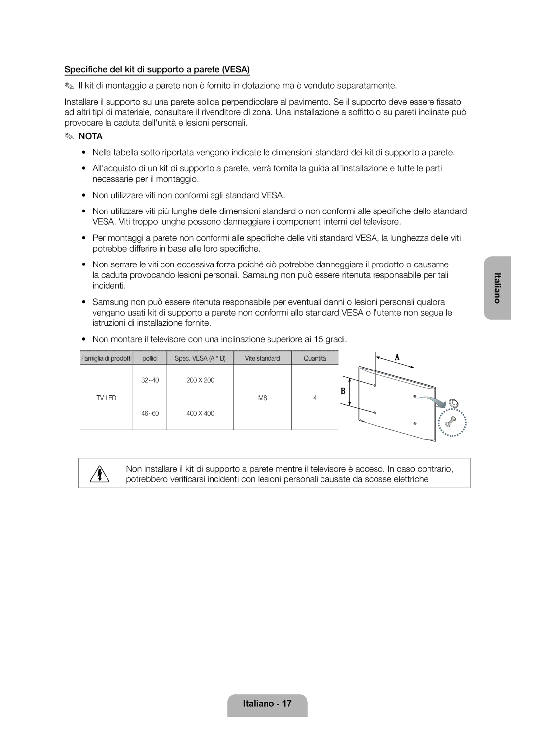 Samsung UE32ES6200SXZG manual Pollici, Vite standard Quantità 