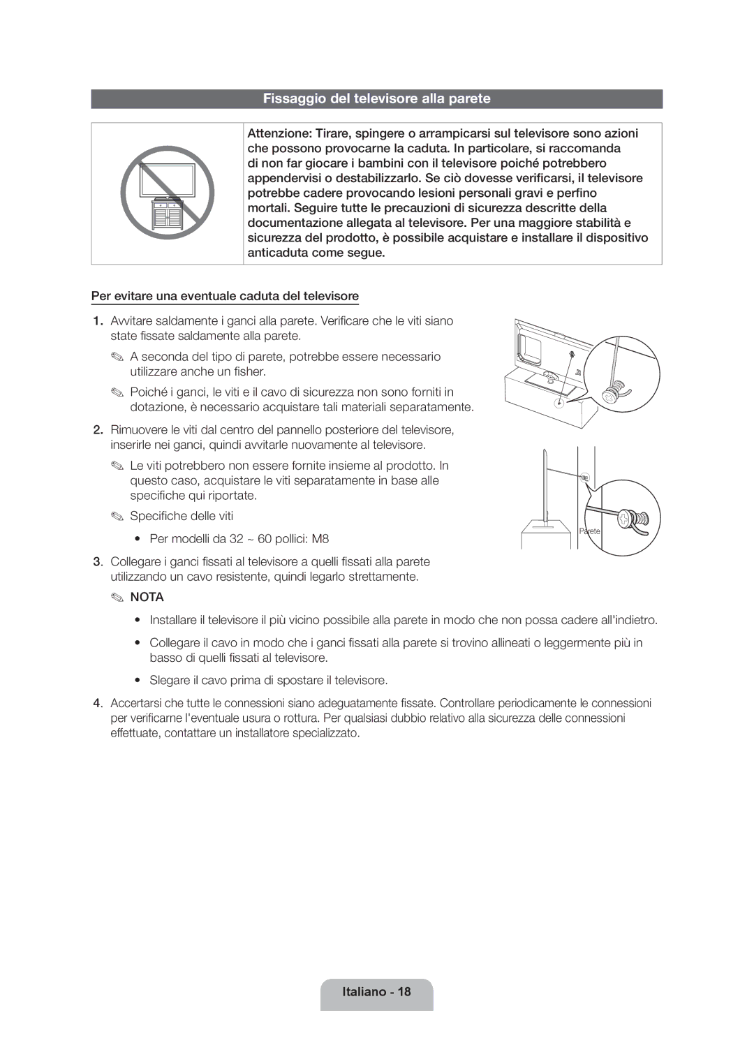 Samsung UE32ES6200SXZG manual Fissaggio del televisore alla parete 