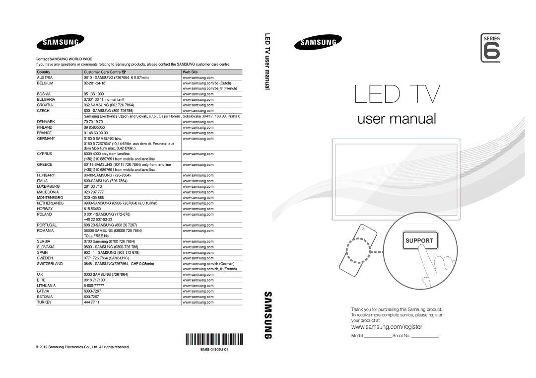 Samsung UE46ES6715UXXE, UE32ES6545UXXE manual 0180 5 7267864* *0,14 €/Min. aus dem dt. Festnetz, aus, BN68-04109U-01 