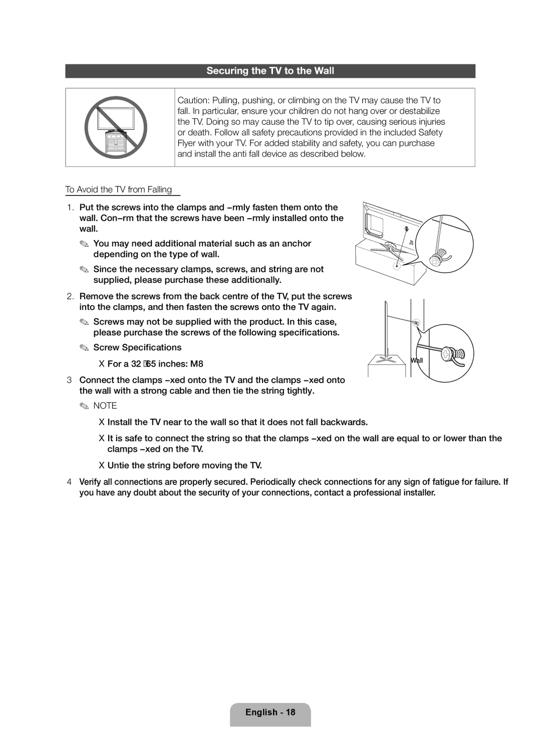 Samsung UE55ES6545UXXE, UE32ES6545UXXE manual Securing the TV to the Wall, Screw Specifications For a 32 ~ 65 inches M8 