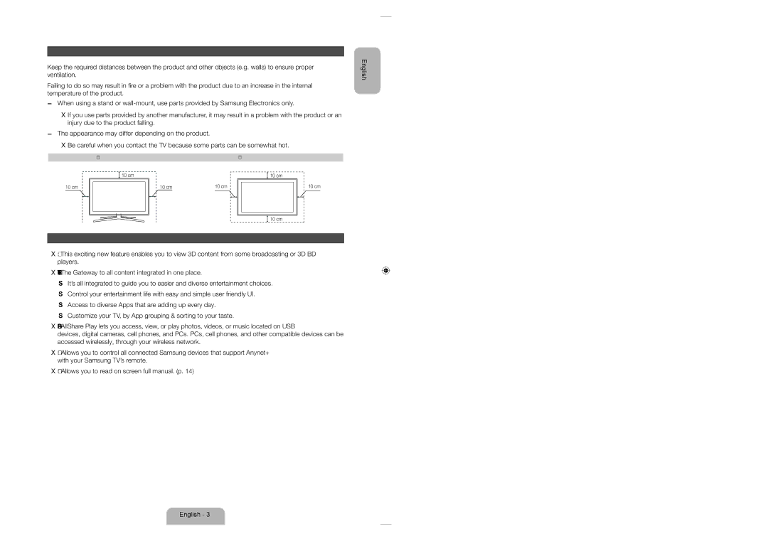 Samsung UE32ES6535UXXE, UE32ES6545UXXE Securing the Installation Space, List of Features, Installation with a stand, 10 cm 