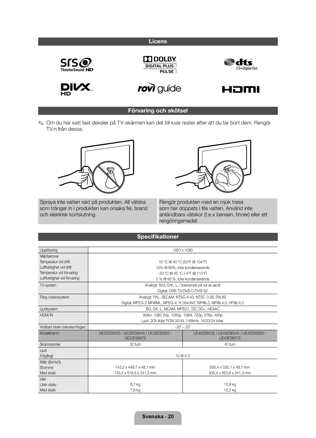 Samsung UE32ES6575UXXE, UE32ES6545UXXE, UE46ES6715UXXE, UE40ES6565UXXE manual Licens Förvaring och skötsel, Specifikationer 