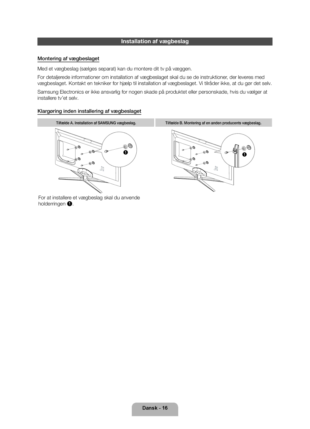 Samsung UE32ES6535UXXE manual Installation af vægbeslag, For at installere et vægbeslag skal du anvende holderringen 