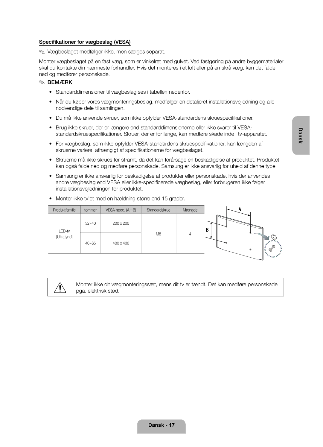 Samsung UE32ES6575UXXE, UE32ES6545UXXE, UE46ES6715UXXE, UE40ES6565UXXE manual Produktfamilie Tommer, Standardskrue Mængde 