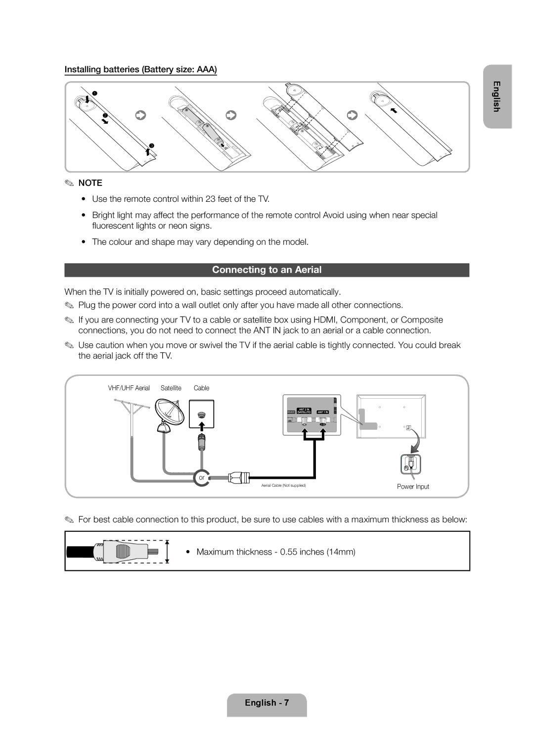 Samsung UE40ES6545UXXE, UE32ES6545UXXE, UE46ES6715UXXE, UE40ES6565UXXE Connecting to an Aerial, VHF/UHF Aerial Satellite 