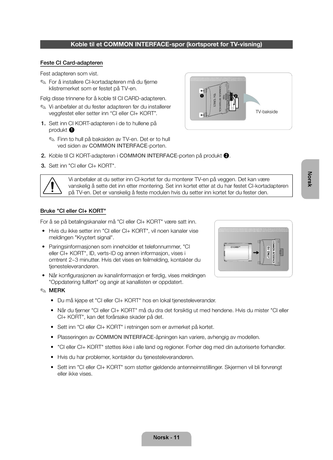 Samsung UE46ES6715UXXE, UE32ES6545UXXE, UE40ES6565UXXE manual Veggfestet eller setter inn CI eller CI+ Kort, TV-bakside 