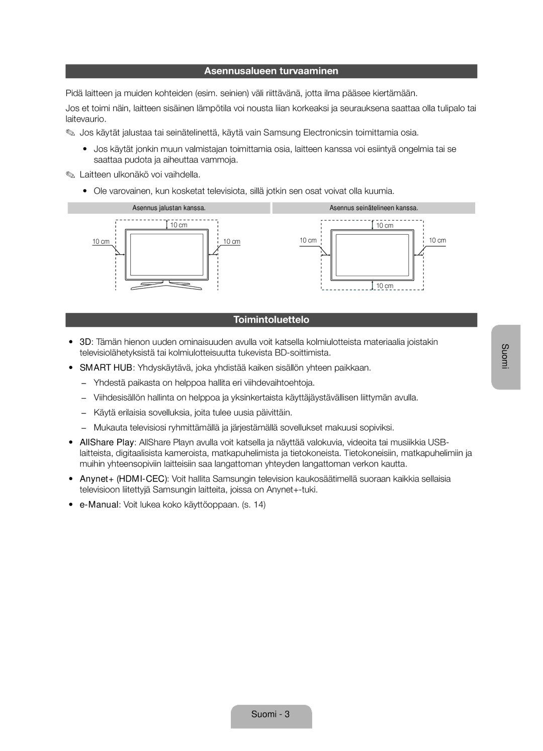 Samsung UE46ES6575UXXE, UE32ES6545UXXE manual Asennusalueen turvaaminen, Toimintoluettelo, Asennus jalustan kanssa 10 cm 