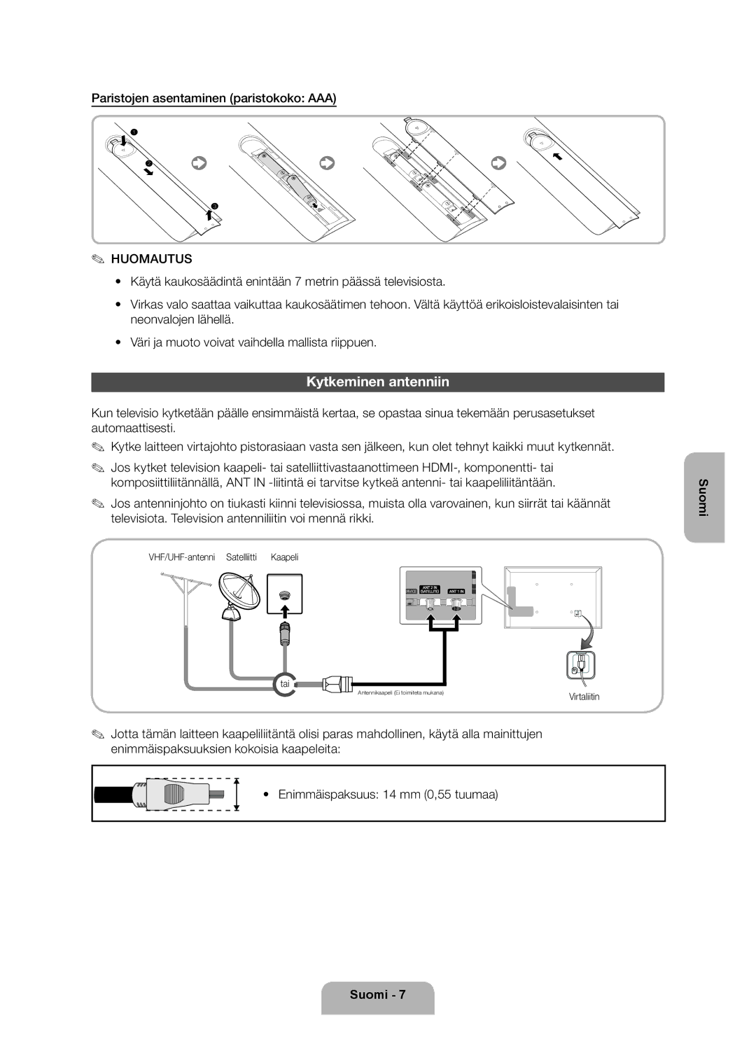 Samsung UE32ES6545UXXE, UE46ES6715UXXE, UE40ES6565UXXE manual Kytkeminen antenniin, Paristojen asentaminen paristokoko AAA 