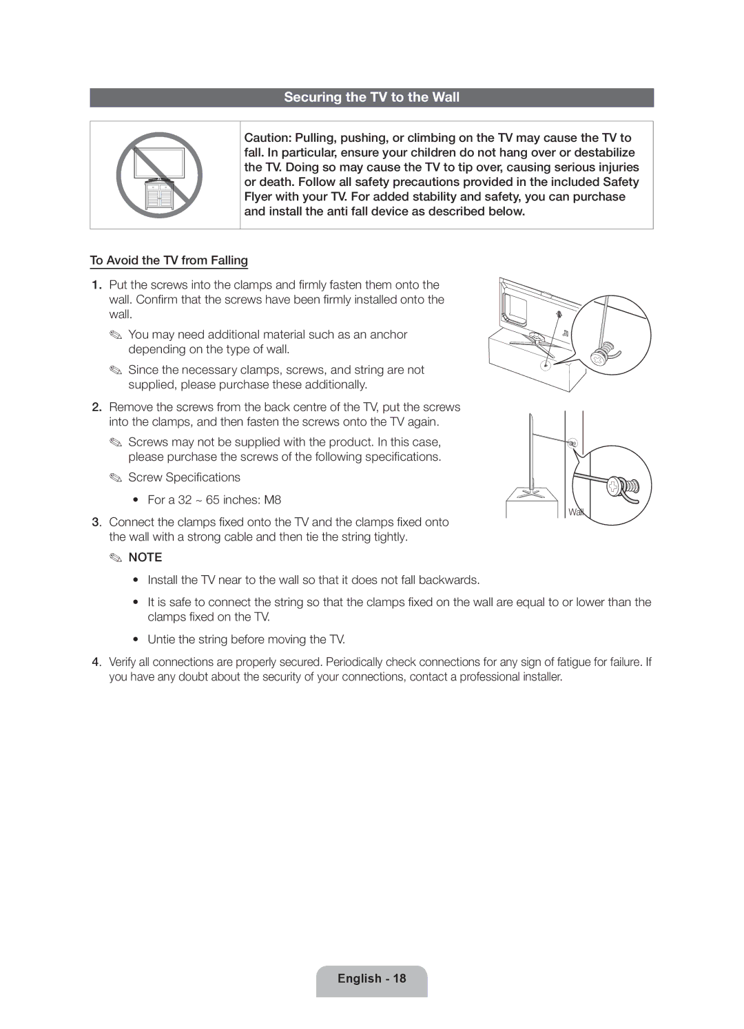 Samsung UE55ES6530SXZG, UE32ES6570SXXH, UE40ES6710SXXN, UE40ES6710SXTK, UE40ES6710SXZG manual Securing the TV to the Wall 