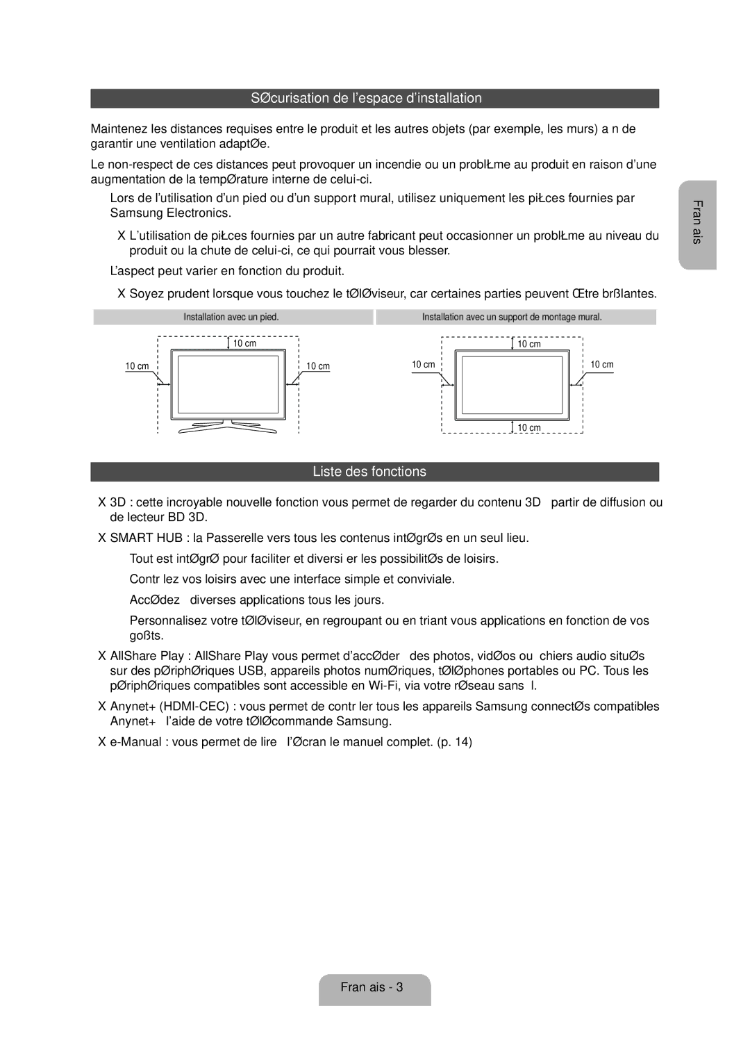 Samsung UE40ES6560SXZF manual Sécurisation de lespace dinstallation, Liste des fonctions, Installation avec un pied 