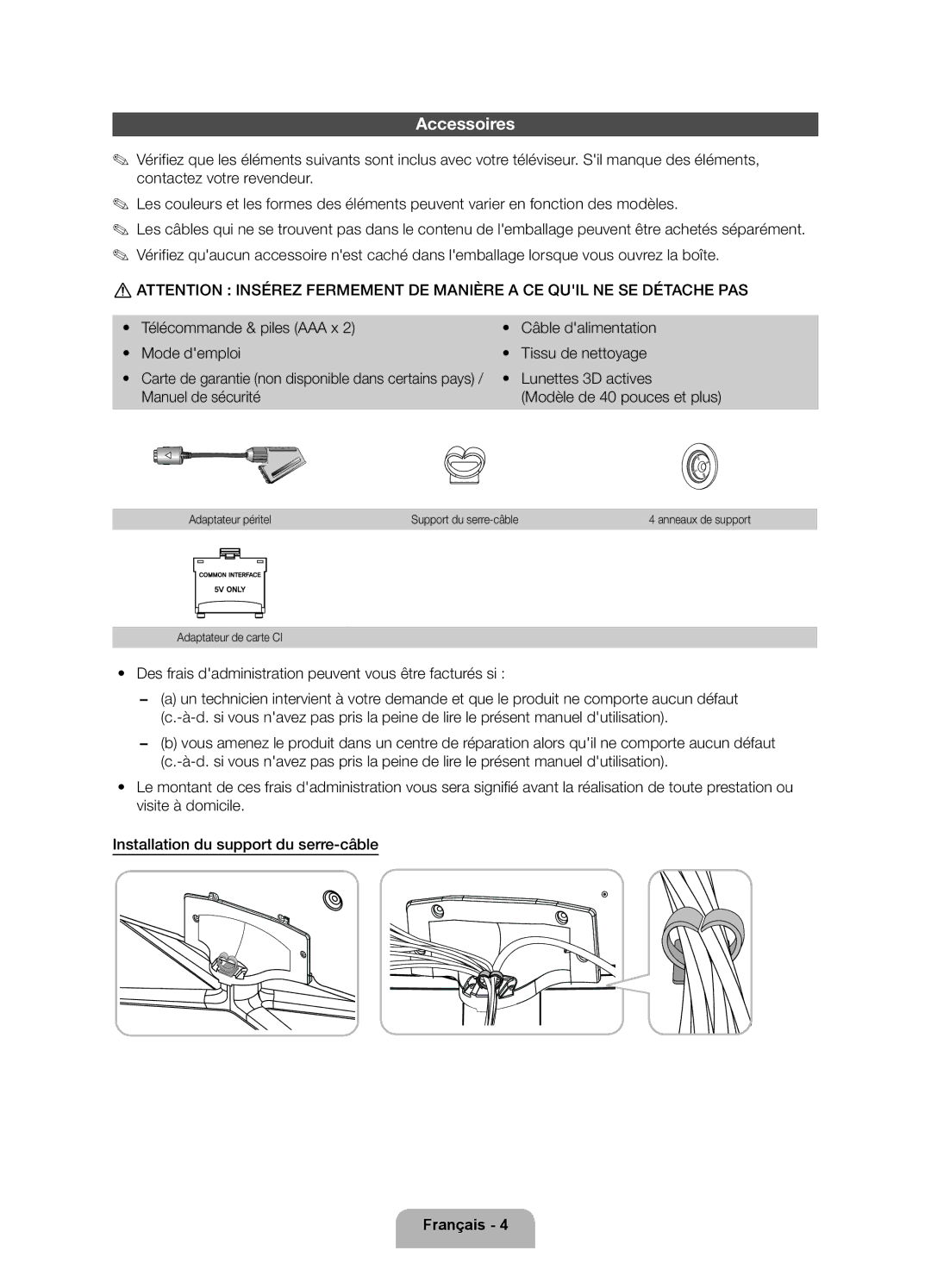 Samsung UE55ES6530SXZF, UE32ES6570SXXH Accessoires, Lunettes 3D actives, Manuel de sécurité Modèle de 40 pouces et plus 