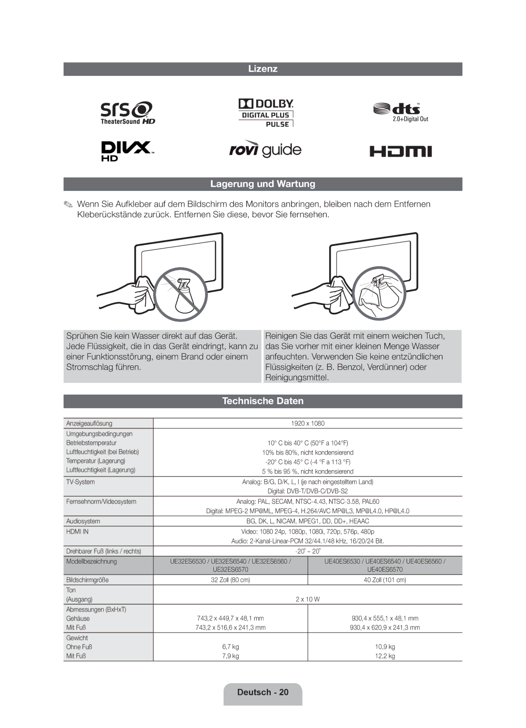 Samsung UE32ES6570SXXH, UE40ES6710SXXN, UE40ES6710SXTK, UE40ES6710SXZG manual Lizenz Lagerung und Wartung, Technische Daten 