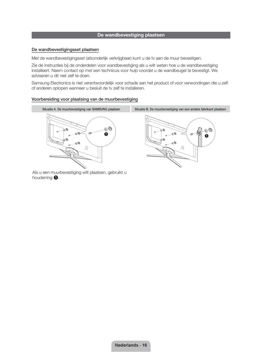 Samsung UE46ES6530SXZF, UE32ES6570SXXH, UE40ES6710SXXN, UE40ES6710SXTK, UE40ES6710SXZG manual De wandbevestiging plaatsen 