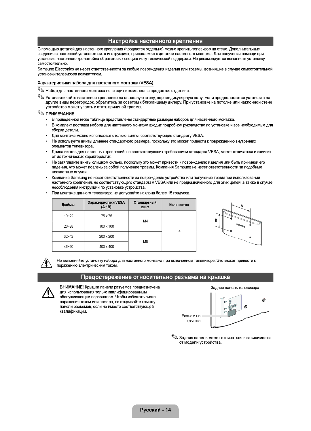 Samsung UE32F4000AWXRU manual Настройка настенного крепления, Предостережение относительно разъема на крышке, Крышке 