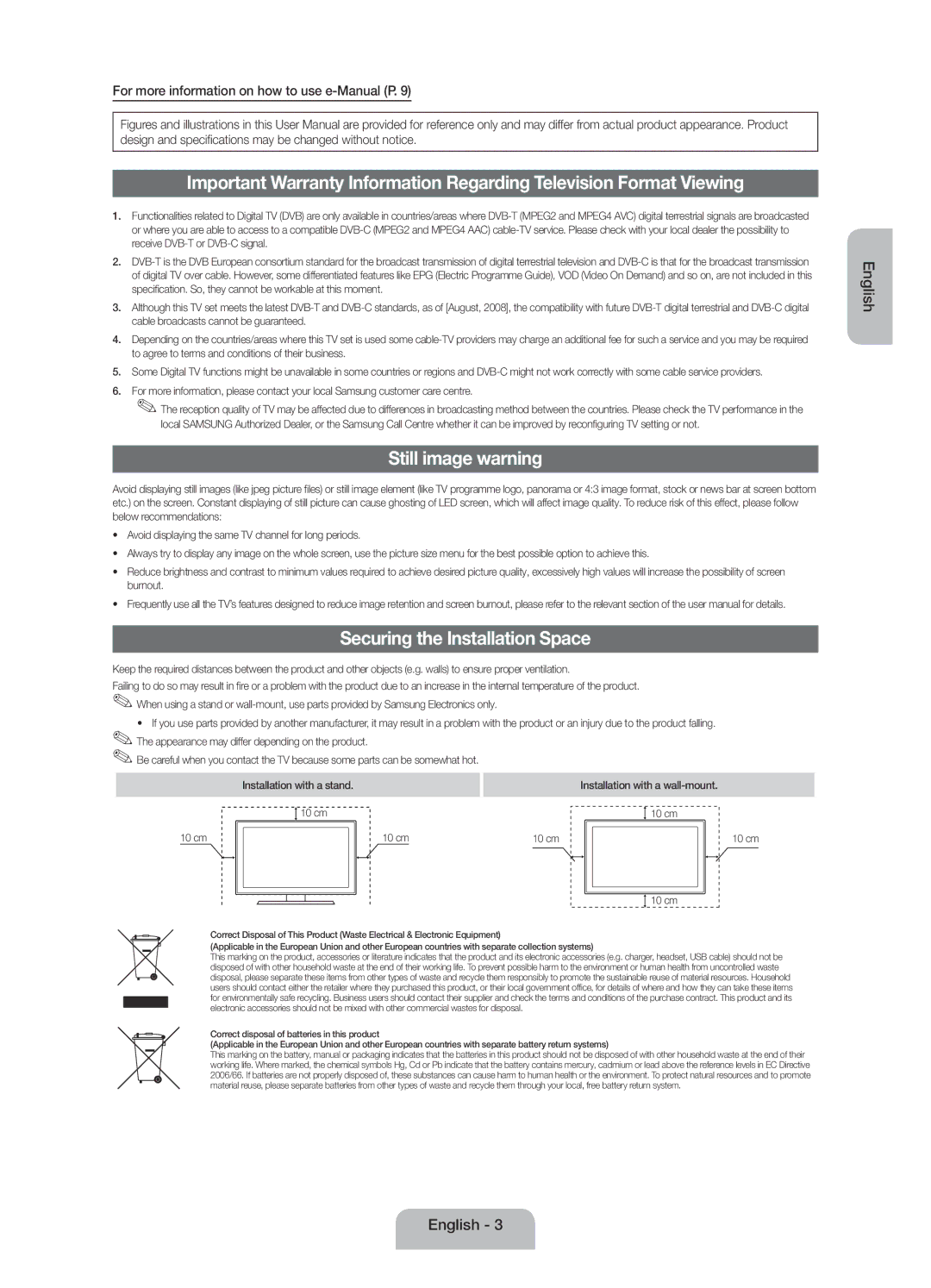 Samsung UE39F5020AKXRU Still image warning, Securing the Installation Space, For more information on how to use e-Manual P 