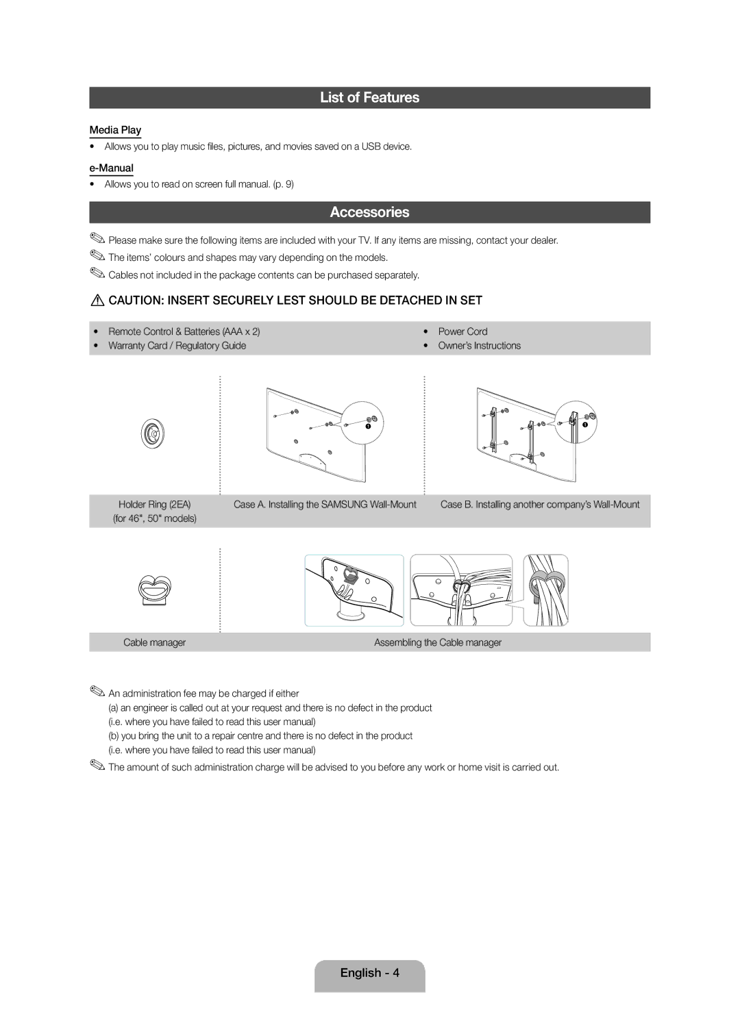 Samsung UE42F5000AKXRU, UE32F4020AWXRU, UE32F4000AWXRU, UE46F5000AKXRU List of Features, Accessories, Media Play, Manual 