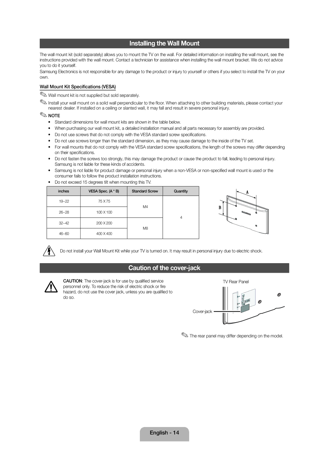 Samsung UE50F5000AKXRU, UE32F4020AWXRU, UE32F4000AWXRU manual Installing the Wall Mount, Wall Mount Kit Specifications Vesa 