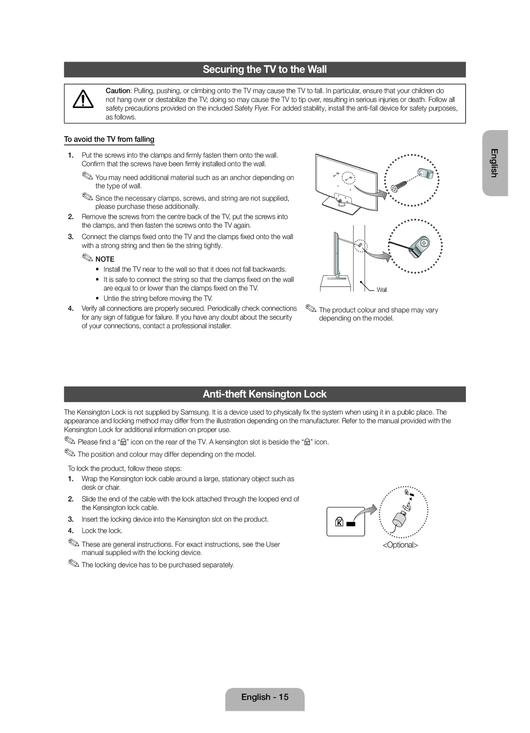 Samsung UE39F5000AKXRU manual Securing the TV to the Wall, Anti-theft Kensington Lock, To avoid the TV from falling 