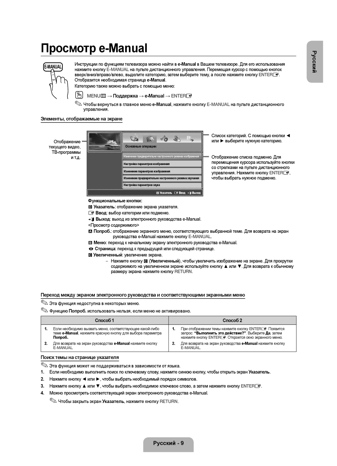 Samsung UE39F5000AKXRU, UE32F4020AWXRU manual OO MENUm → Поддержка → e-Manual → Entere, Элементы, отображаемые на экране 