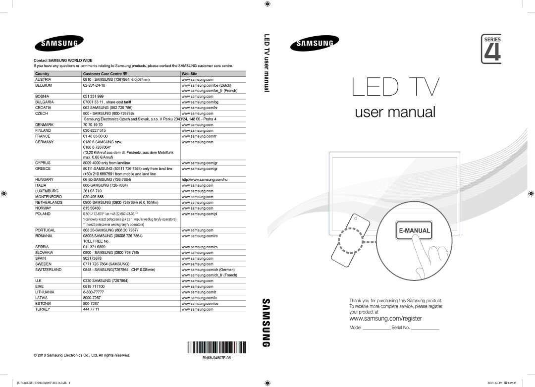 Samsung UE32F4500AWXZH, UE32F4510AWXZH manual 20 €/Anruf aus dem dt. Festnetz, aus dem Mobilfunk, BN68-04807F-06 