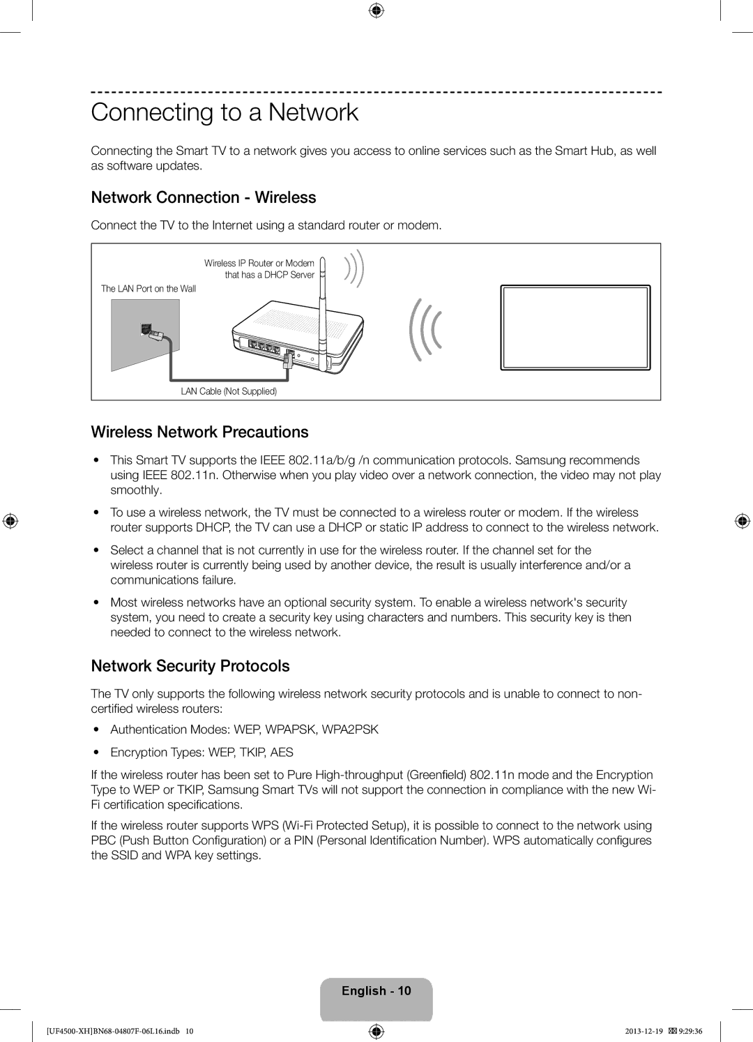 Samsung UE32F4500AWXXH, UE32F4510AWXZH Connecting to a Network, Network Connection Wireless, Wireless Network Precautions 