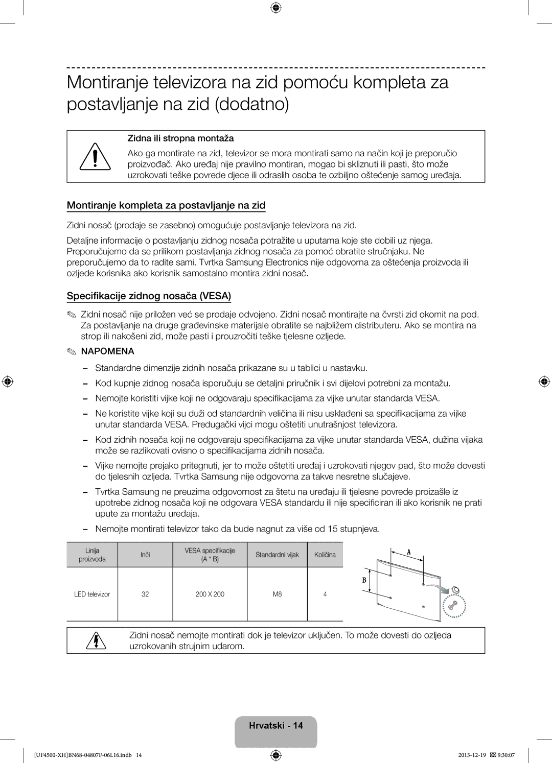 Samsung UE32F4510AWXZH, UE32F4500AWXZH manual Montiranje kompleta za postavljanje na zid, Specifikacije zidnog nosača Vesa 