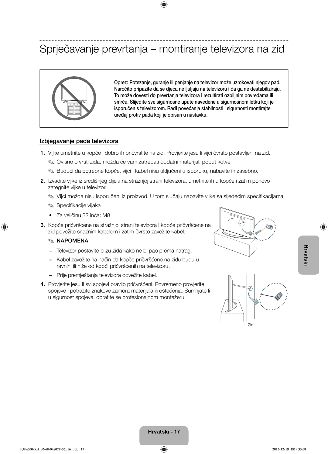 Samsung UE32F4500AWXZF manual Sprječavanje prevrtanja montiranje televizora na zid, Izbjegavanje pada televizora, Zid 