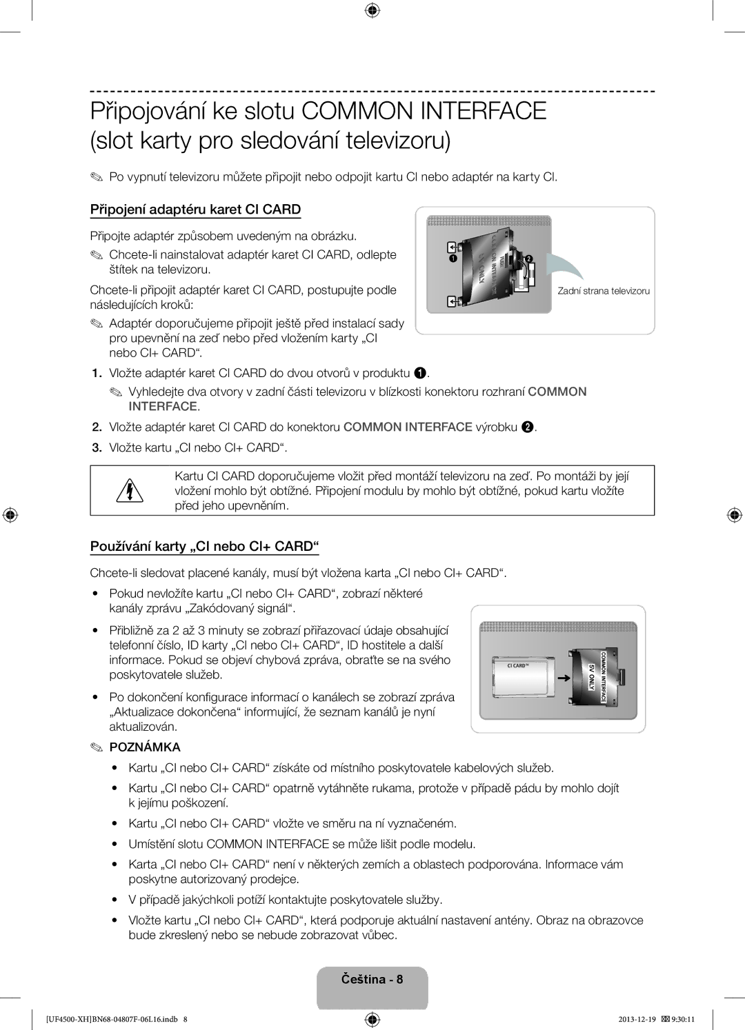 Samsung UE32F4510AWXZF manual Připojení adaptéru karet CI Card, Používání karty „CI nebo CI+ Card, Zadní strana televizoru 