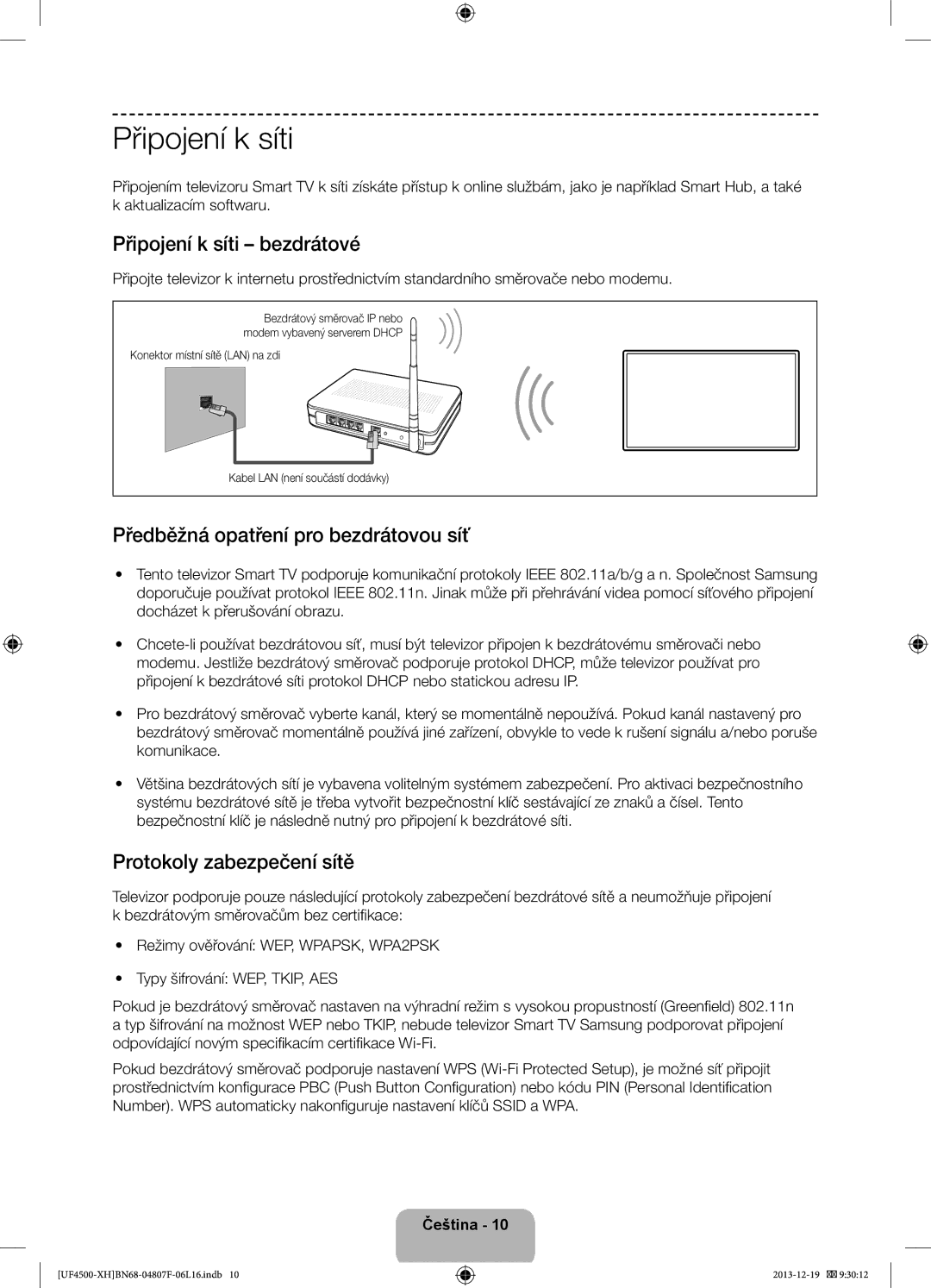 Samsung UE32F4500AWXXC Připojení k síti bezdrátové, Předběžná opatření pro bezdrátovou síť, Protokoly zabezpečení sítě 