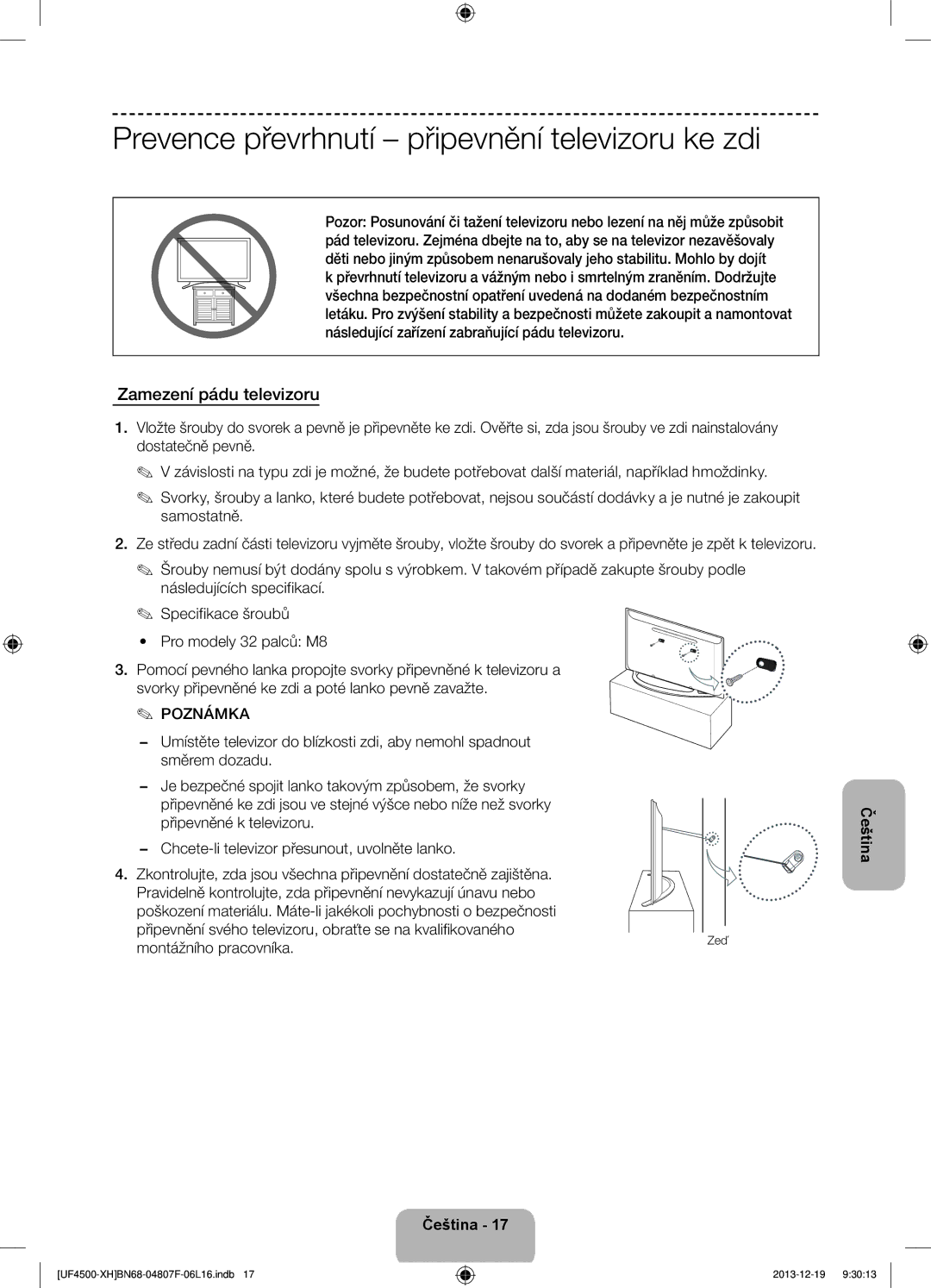 Samsung UE32F4510AWXXC Prevence převrhnutí připevnění televizoru ke zdi, Zamezení pádu televizoru, Montážního pracovníka 