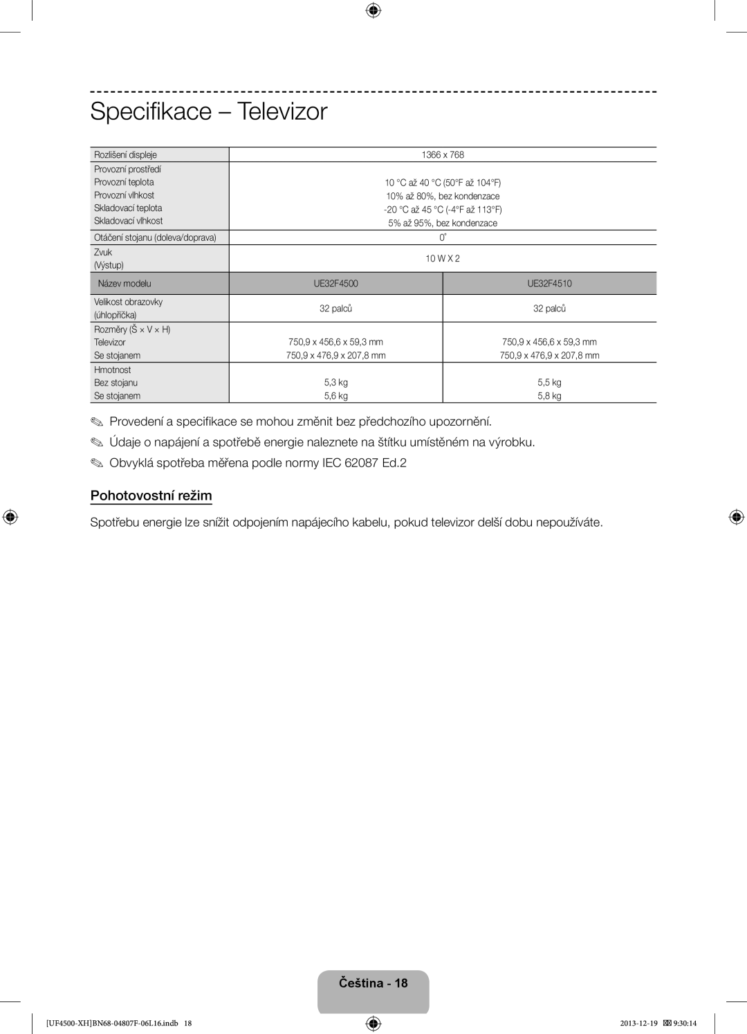 Samsung UE32F4500AWXXC, UE32F4510AWXZH, UE32F4500AWXZH, UE32F4500AWXXH, UE32F4500AWXZF, UE32F4510AWXZF manual Pohotovostní režim 