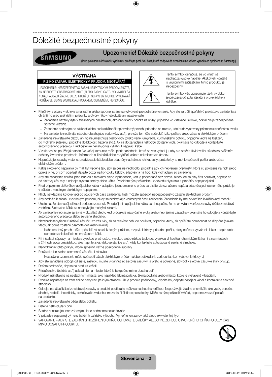 Samsung UE32F4510AWXZH, UE32F4500AWXZH, UE32F4500AWXXH Upozornenie! Dôležité bezpečnostné pokyny, Výstraha, Slovenčina 