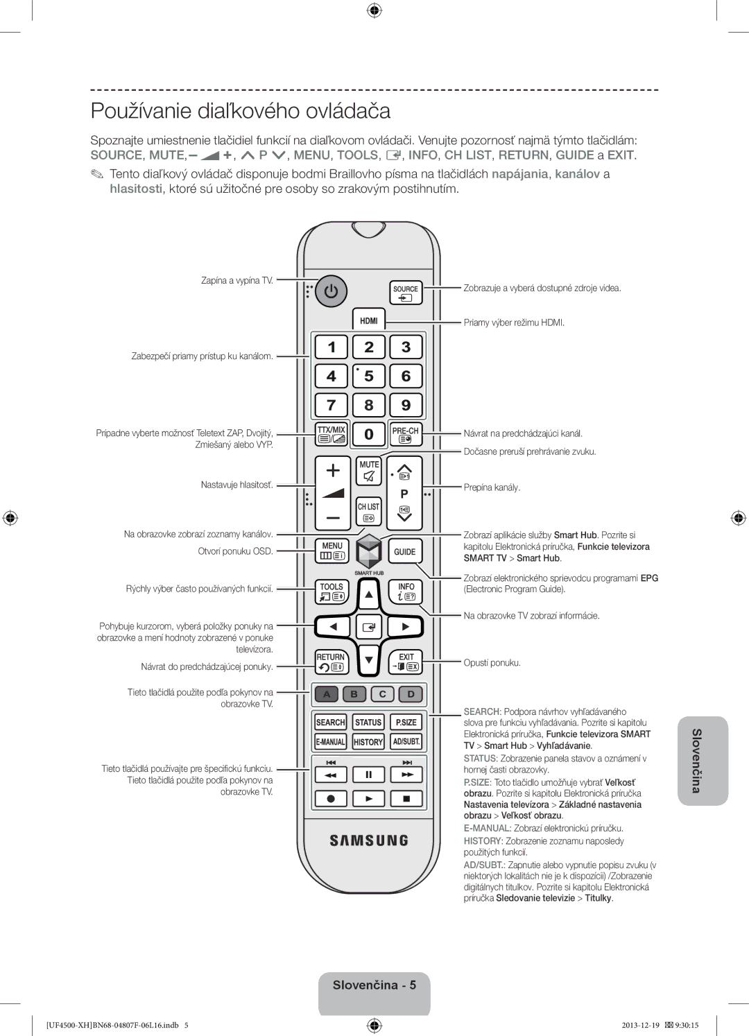 Samsung UE32F4500AWXZF, UE32F4510AWXZH, UE32F4500AWXZH, UE32F4500AWXXH, UE32F4510AWXZF manual Používanie diaľkového ovládača 