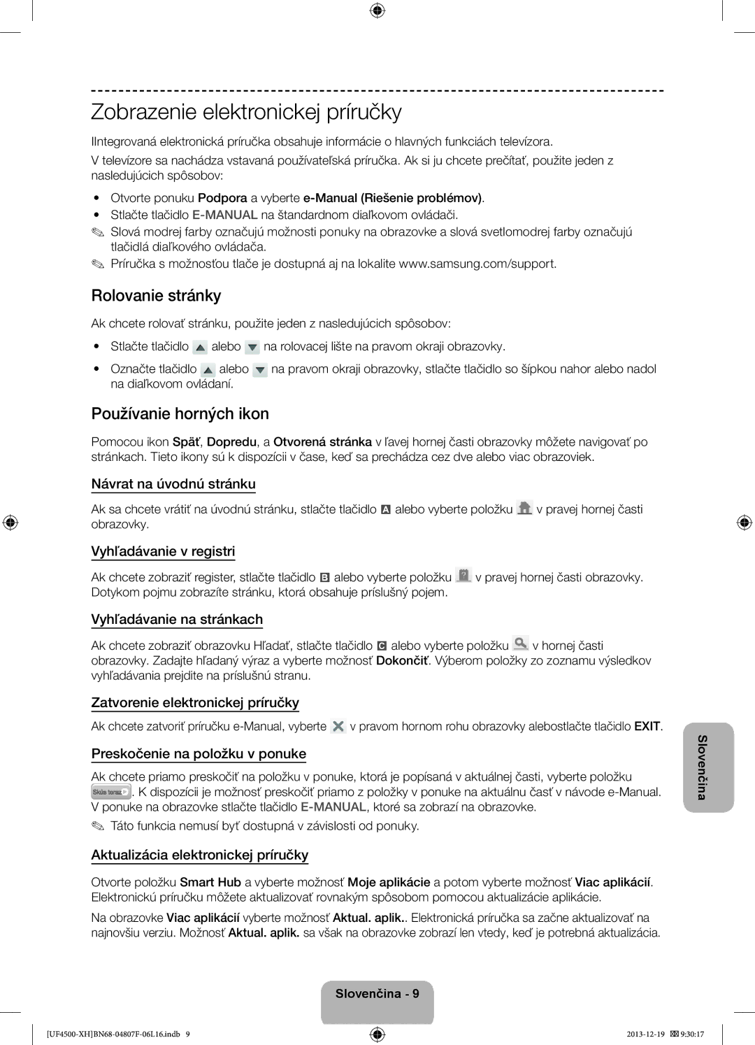 Samsung UE32F4510AWXXH, UE32F4510AWXZH manual Zobrazenie elektronickej príručky, Rolovanie stránky, Používanie horných ikon 