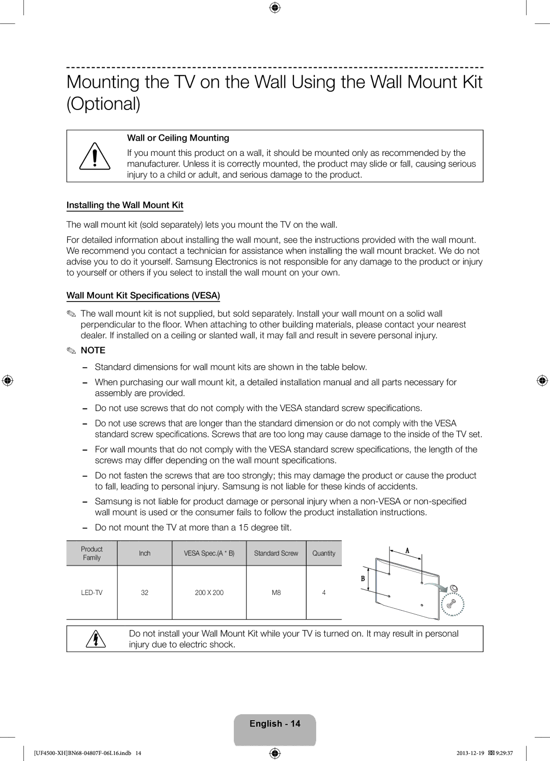 Samsung UE32F4500AWXXC, UE32F4510AWXZH, UE32F4500AWXZH manual Do not mount the TV at more than a 15 degree tilt, 200 X 