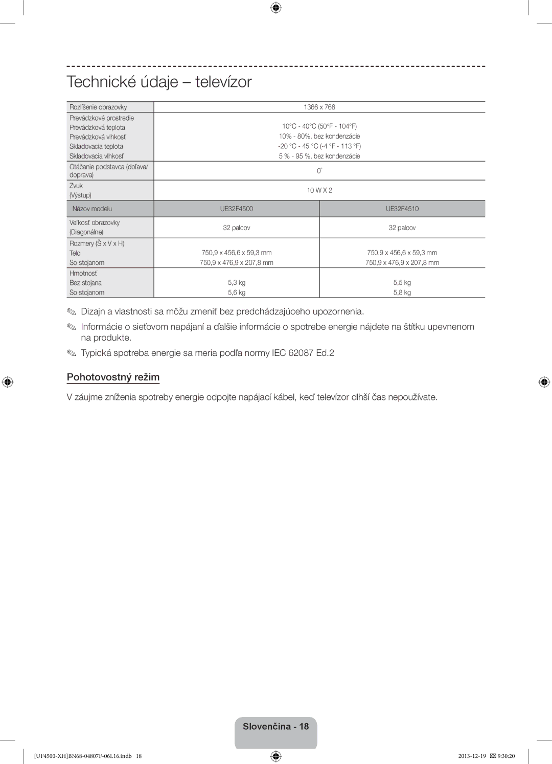 Samsung UE32F4510AWXZH, UE32F4500AWXZH, UE32F4500AWXXH, UE32F4500AWXZF manual Technické údaje televízor, Pohotovostný režim 