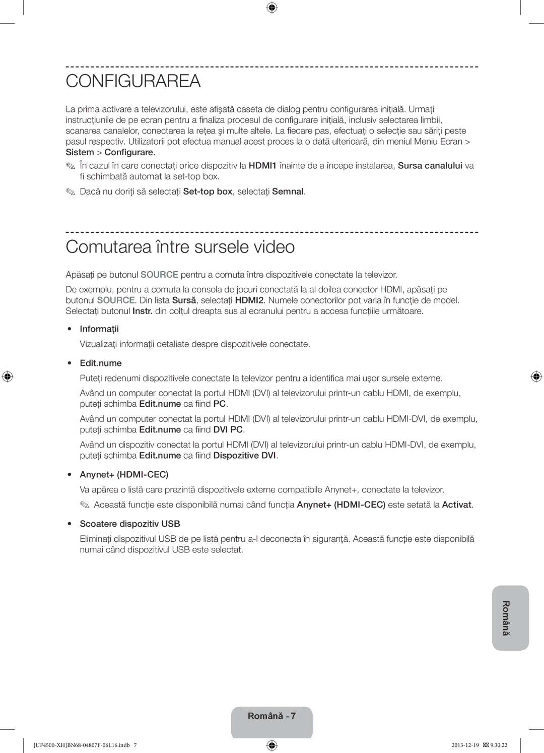 Samsung UE32F4510AWXXH, UE32F4510AWXZH, UE32F4500AWXZH, UE32F4500AWXXH manual Configurarea, Comutarea între sursele video 