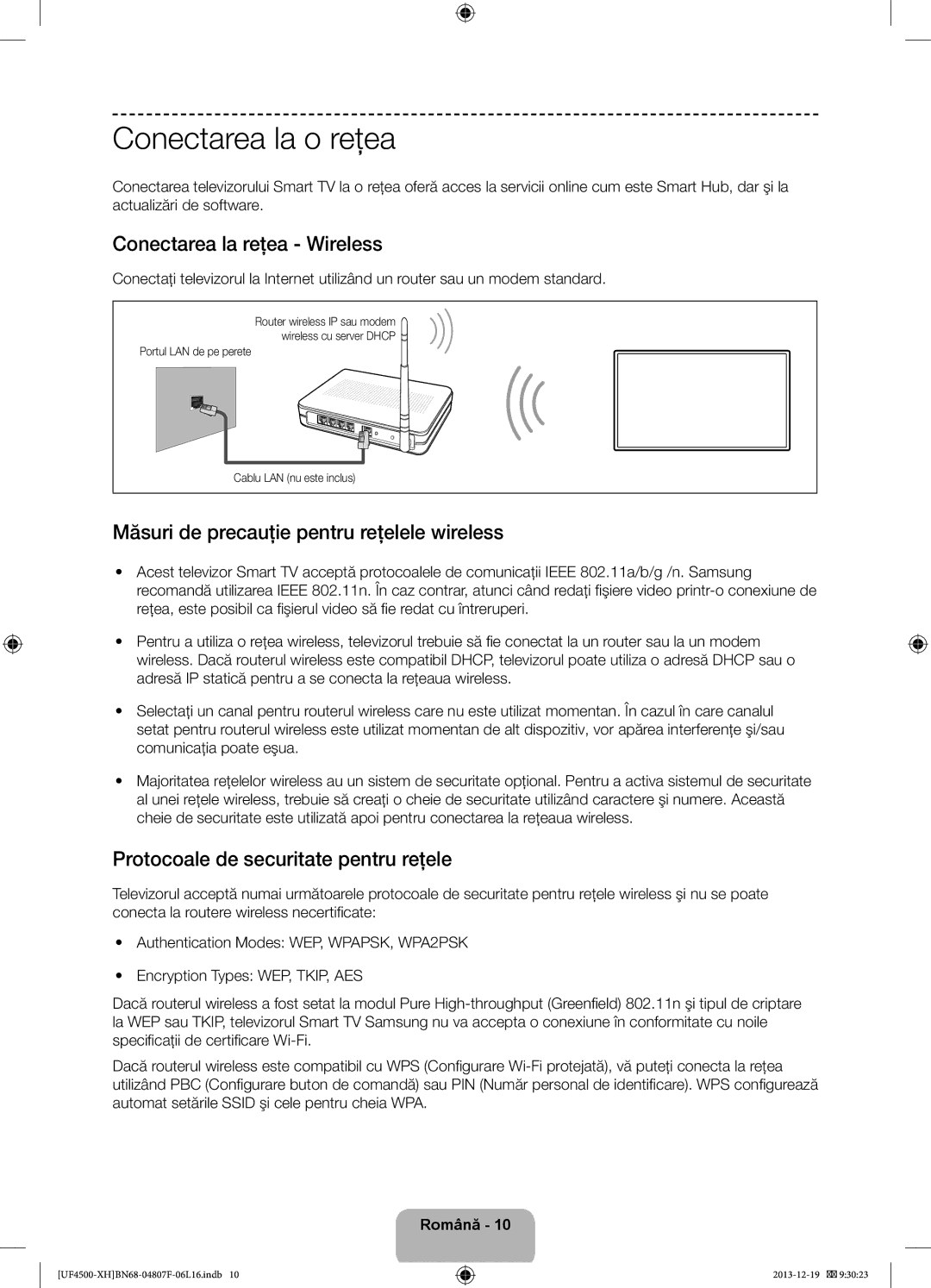 Samsung UE32F4500AWXXH Conectarea la o reţea, Conectarea la reţea Wireless, Măsuri de precauţie pentru reţelele wireless 