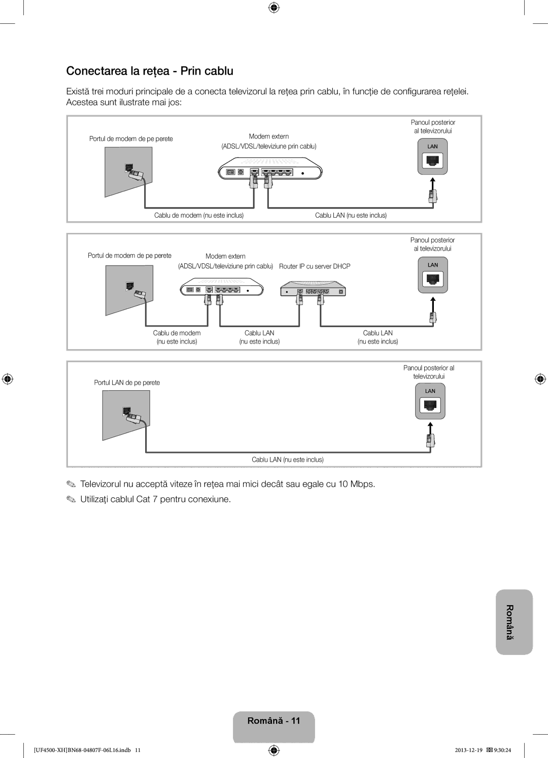 Samsung UE32F4500AWXZF manual Conectarea la reţea Prin cablu, Portul de modem de pe perete, Cablu de modem nu este inclus 