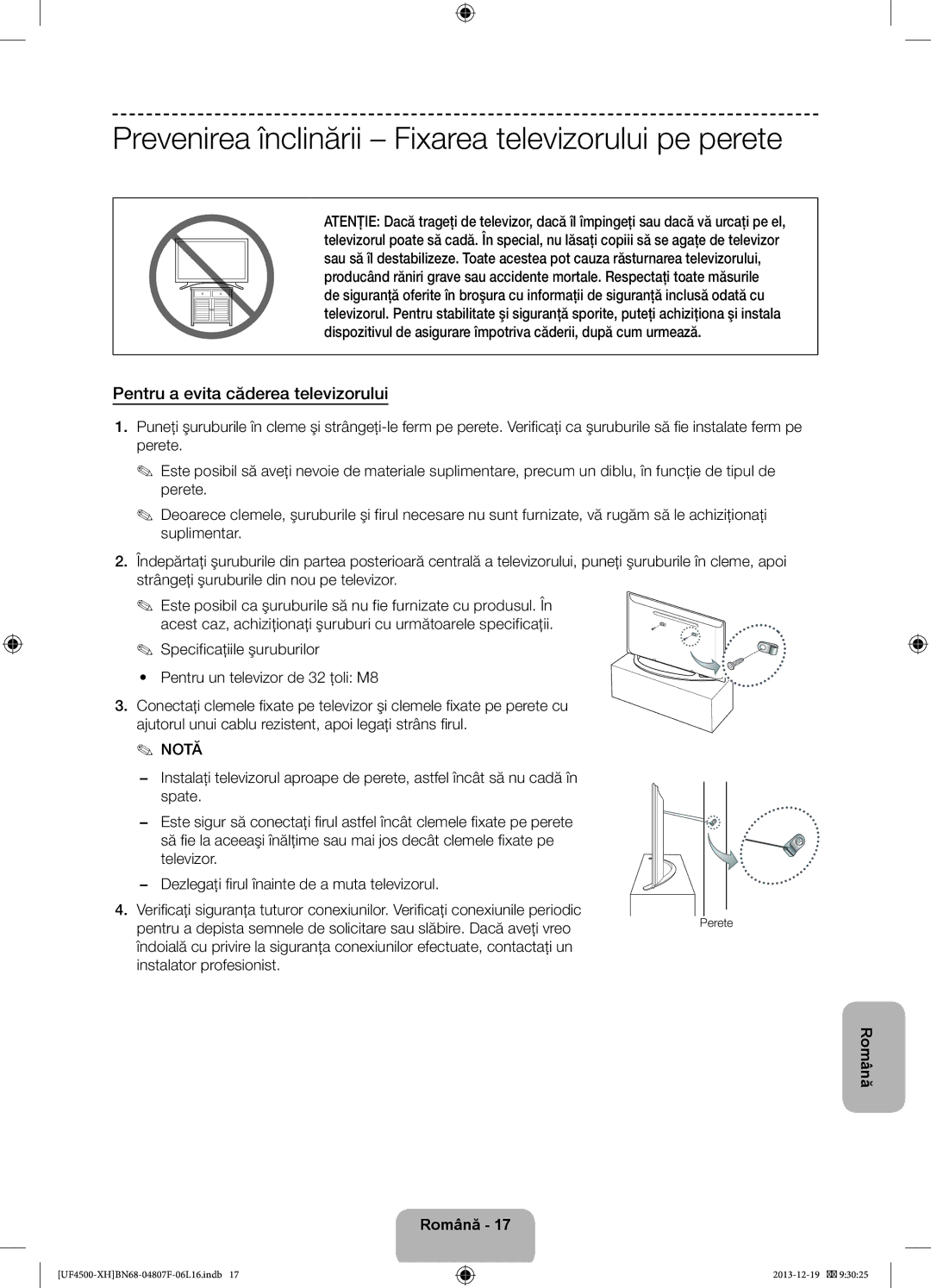 Samsung UE32F4500AWXZH Prevenirea înclinării Fixarea televizorului pe perete, Pentru a evita căderea televizorului, Perete 